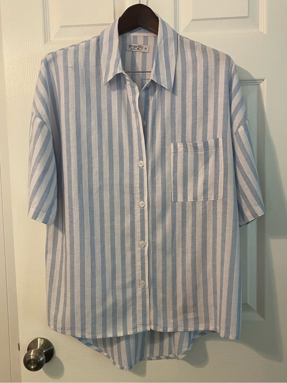 Gingerlilly button down shirt striped boxy  short sleeve high-low linen Size M